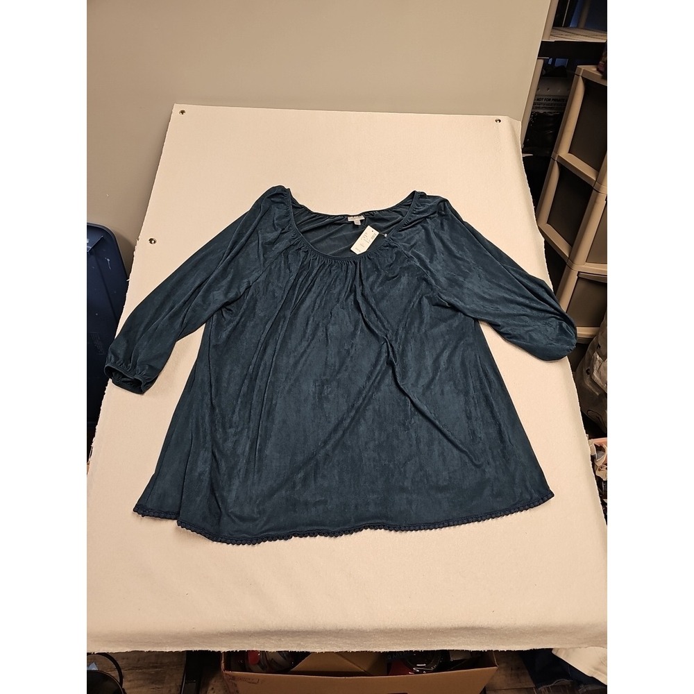 Avenue Shiny Velvet Velour Blue Tunic Top 3/4 Sleeve Boho 22/24 2X Plus New